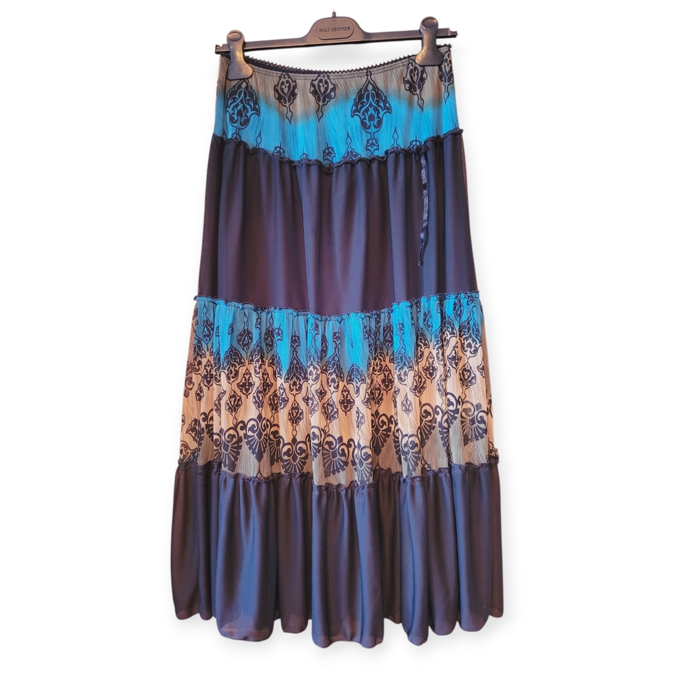 Vintage 90s Y2K Boho Tiered Maxi Skirt Multicolor Indian Print Large